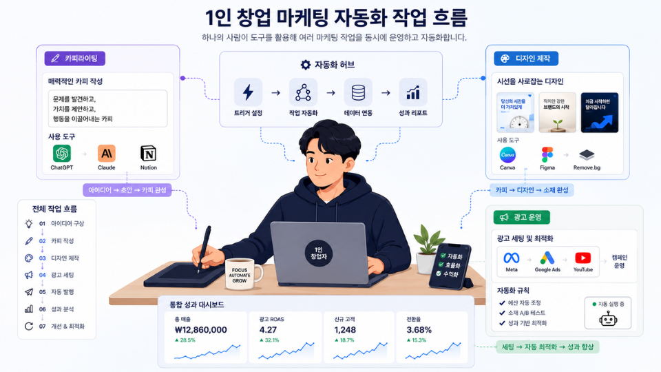1인 창업 마케팅 자동화 작업 흐름을 보여주는 일러스트