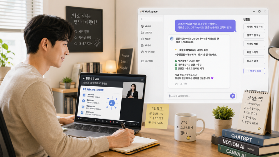 인공지능 교육을 듣는 직장인과 AI 도구 화면 일러스트