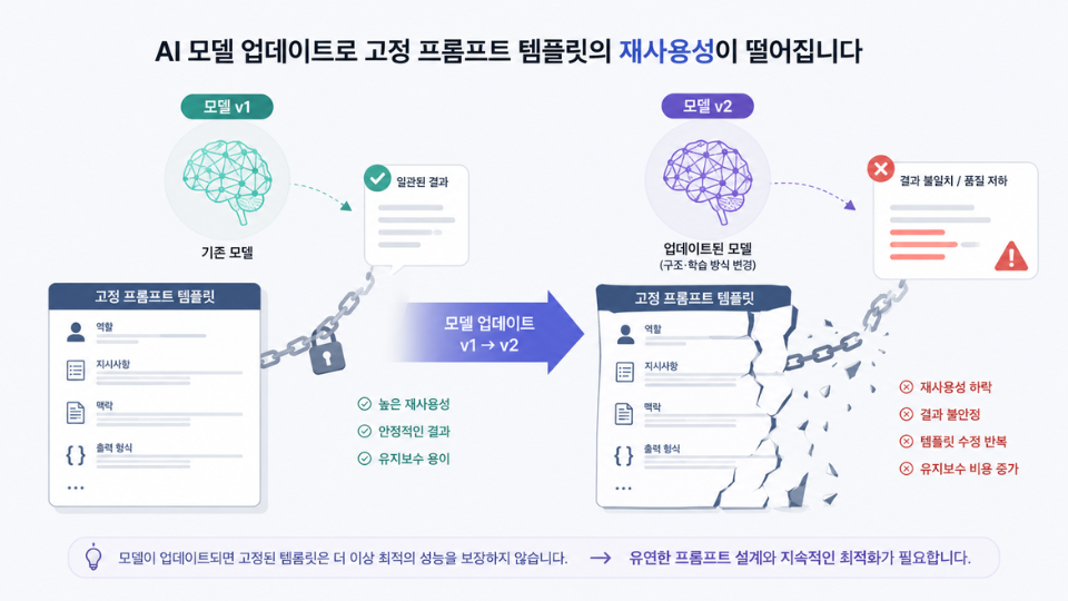 AI 모델 업데이트로 고정 프롬프트 템플릿의 재사용성이 떨어지는 개념도