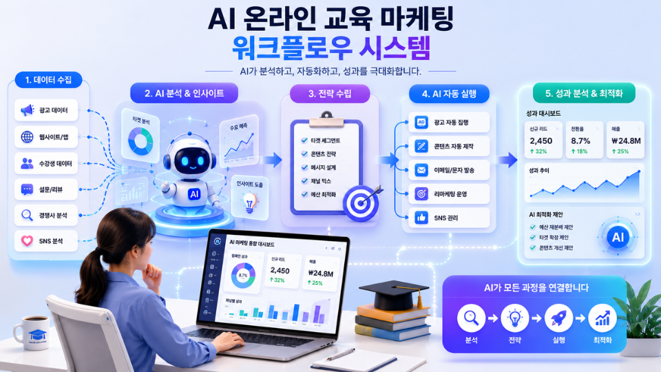 AI 온라인 교육 마케팅 워크플로우 시스템 개념 일러스트