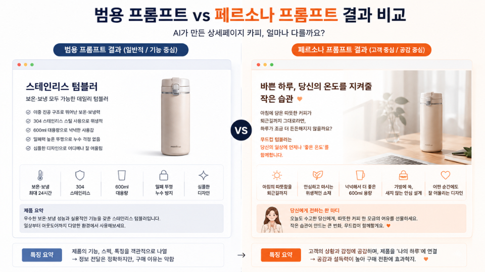 범용 프롬프트와 페르소나 프롬프트로 작성한 AI 상세페이지 카피 비교