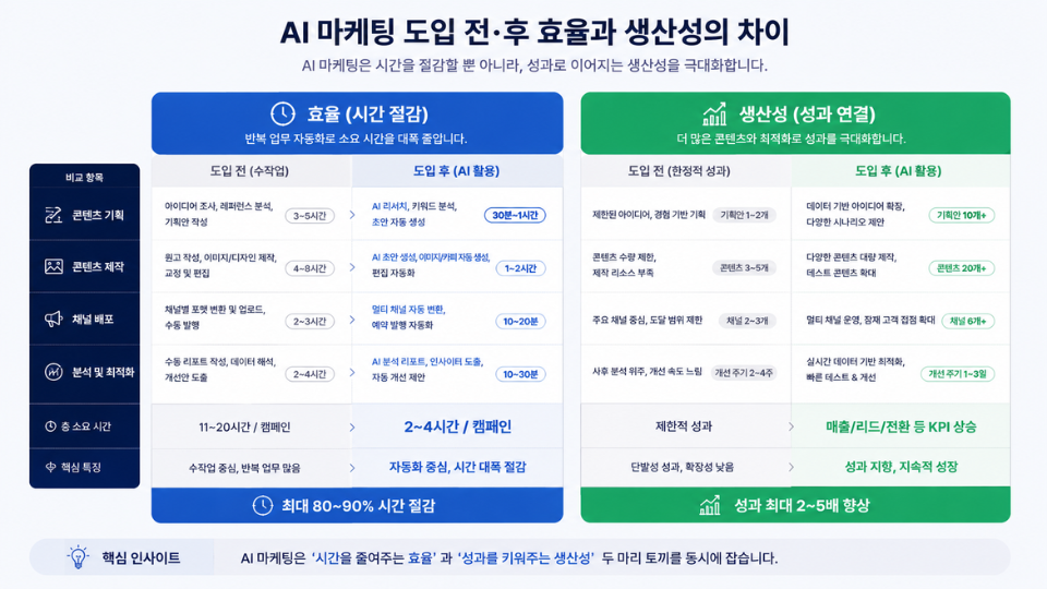 AI 마케팅의 효율과 생산성 차이를 비교한 도표