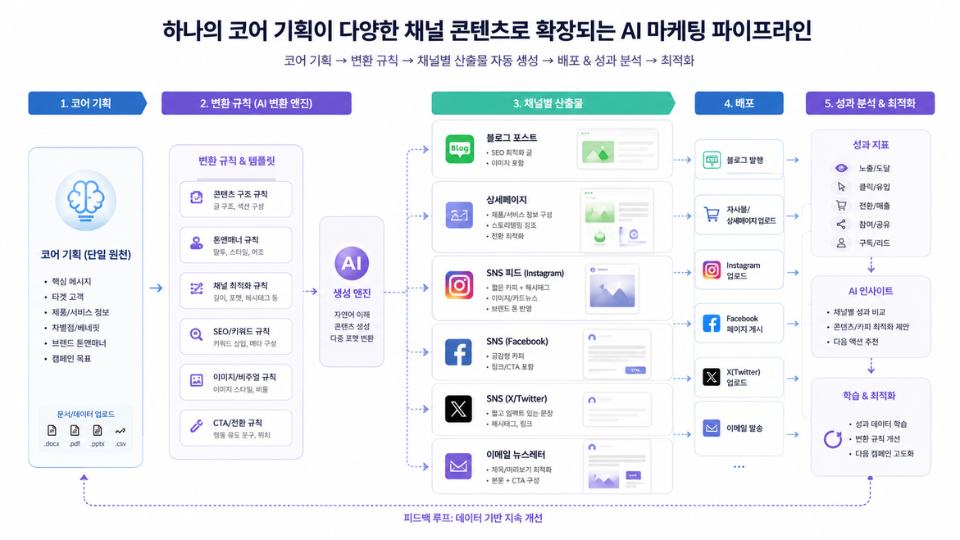 하나의 코어 기획이 블로그·상세페이지·SNS로 파생되는 AI 마케팅 파이프라인 도식