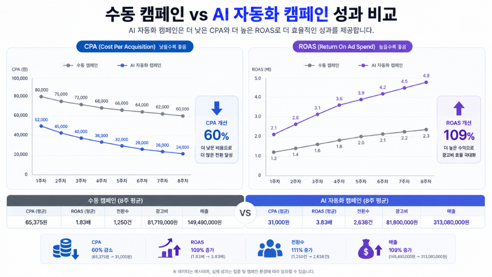 수동 캠페인과 AI 자동화 캠페인의 CPA ROAS 비교 그래프
