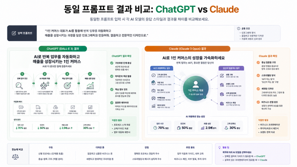 동일 프롬프트 챗GPT 클로드 결과물 비교 화면