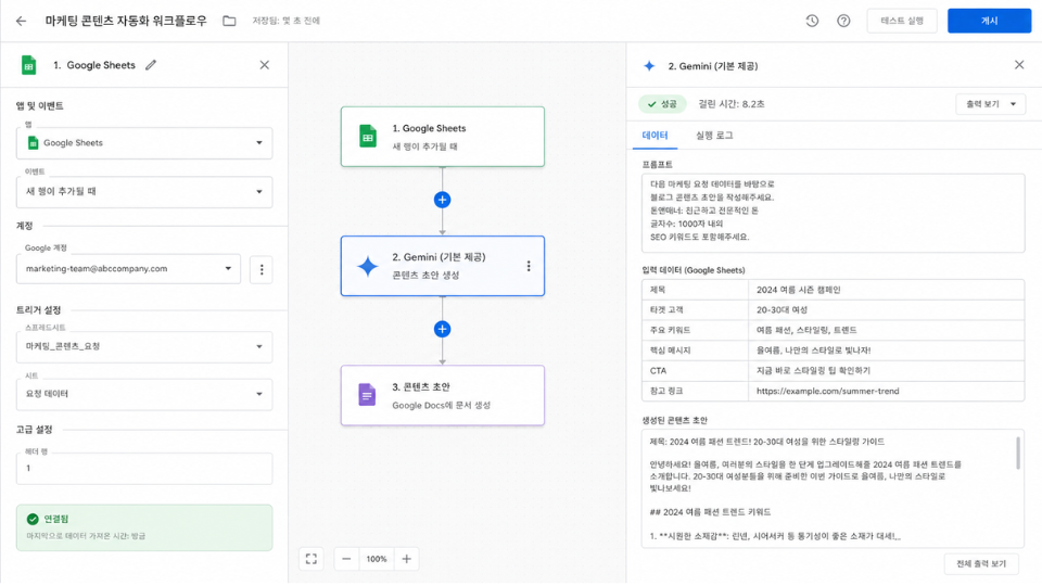 제미나이와 구글 시트를 연동한 마케팅 자동화 워크플로우 화면