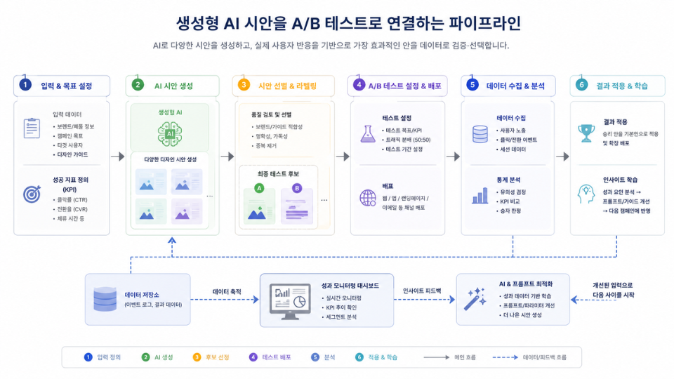 생성형 AI 시안을 A/B 테스트로 연결하는 파이프라인 도식