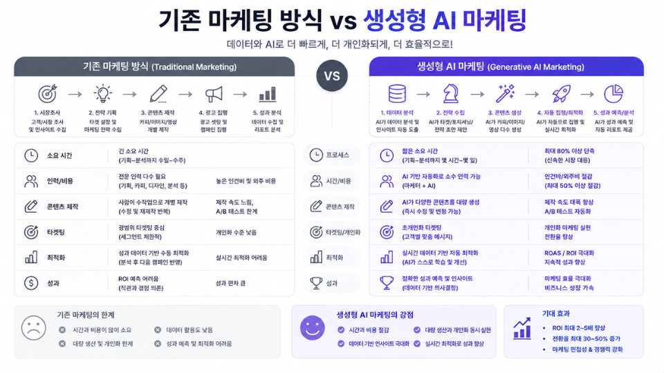 기존 마케팅 방식과 생성형 AI 마케팅 비교 인포그래픽