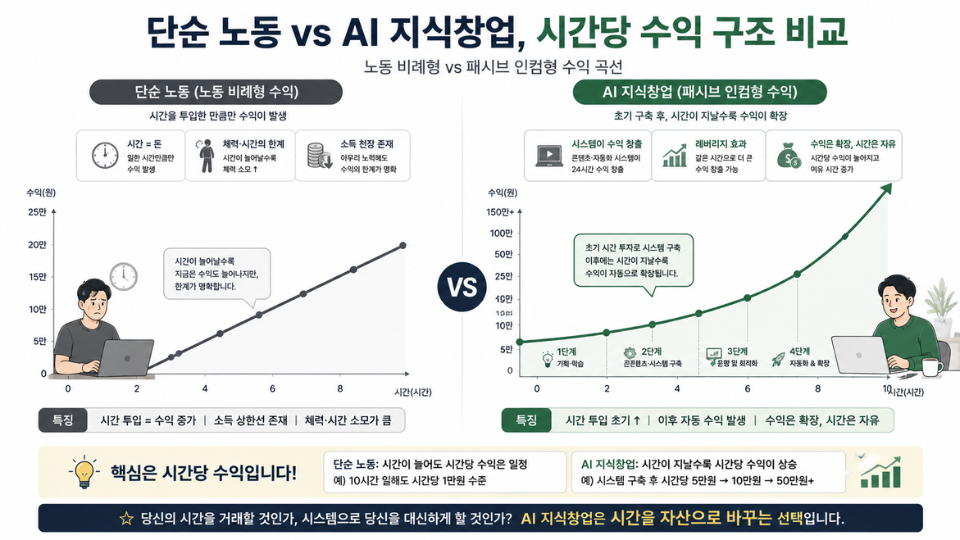 단순 노동과 AI 지식창업의 시간당 수익 구조 비교 그래프