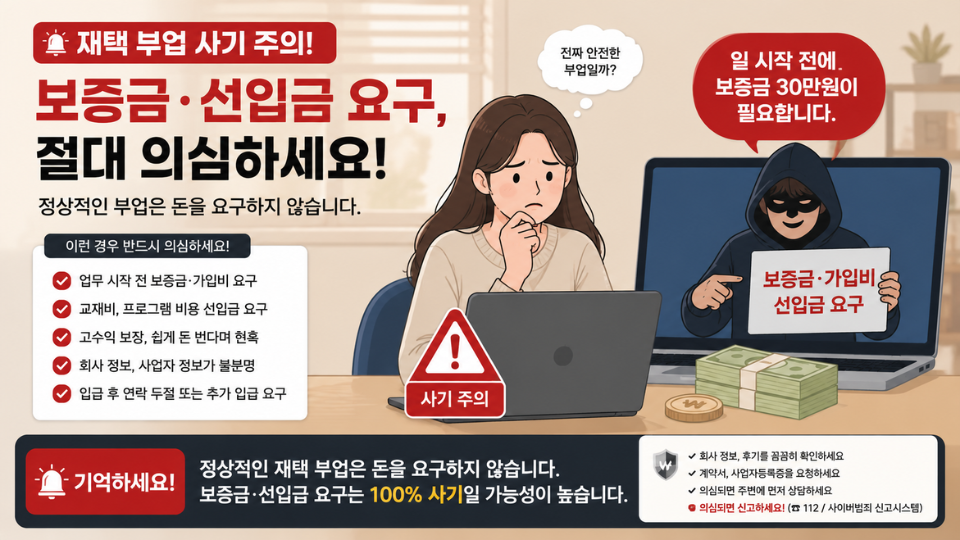 보증금을 요구하는 재택 부업 사기 주의 이미지