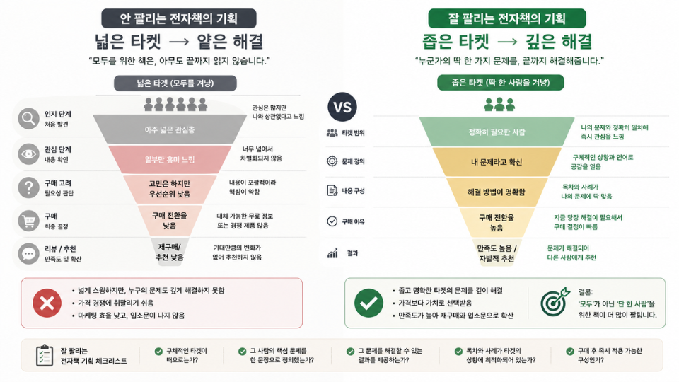 안 팔리는 전자책과 잘 팔리는 전자책의 기획 차이 비교 인포그래픽