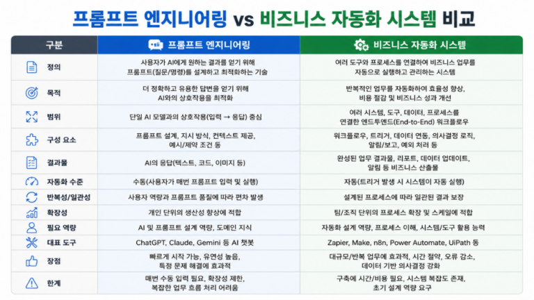 1회성 답변을 얻는 ‘프롬프트 엔지니어링’ vs 매달 반복 매출을 만드는 ‘시스템’ 비교