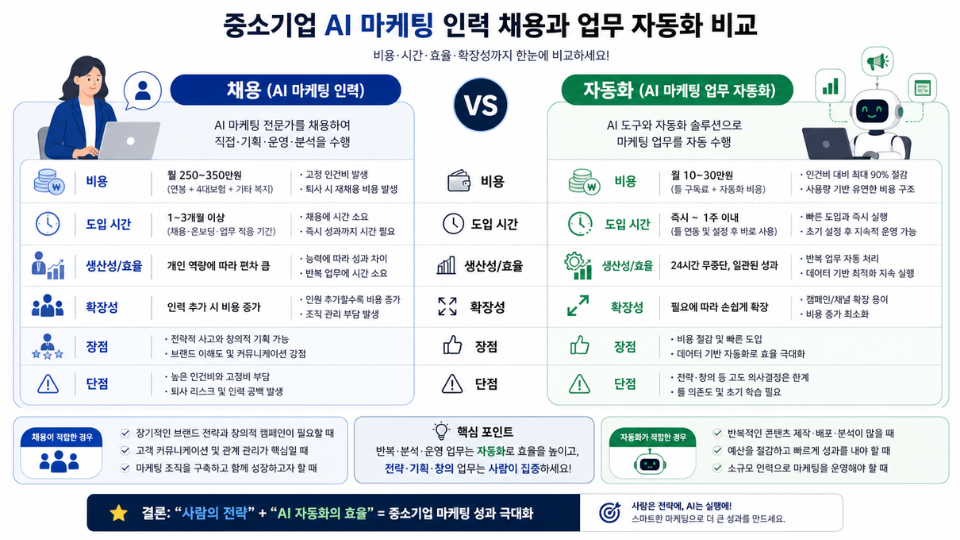 중소기업 AI 마케팅 인력 채용과 업무 자동화 비교 도식