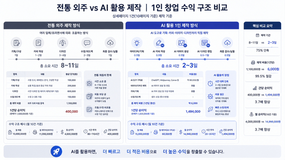 전통 외주와 AI 활용 제작의 1인 창업 수익 구조 비교