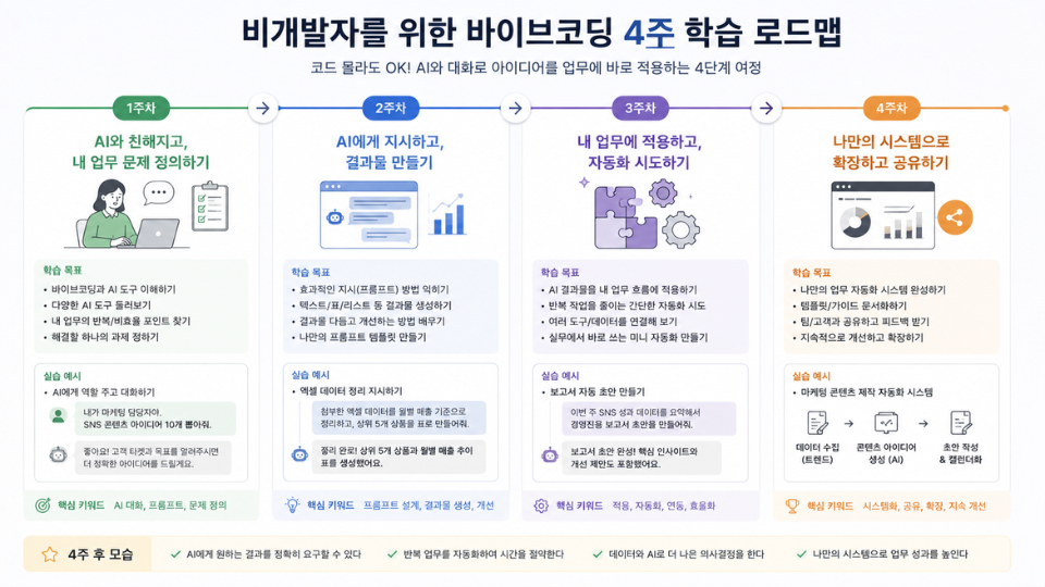 비개발자를 위한 바이브코딩 강의 4주 학습 로드맵 단계 도식