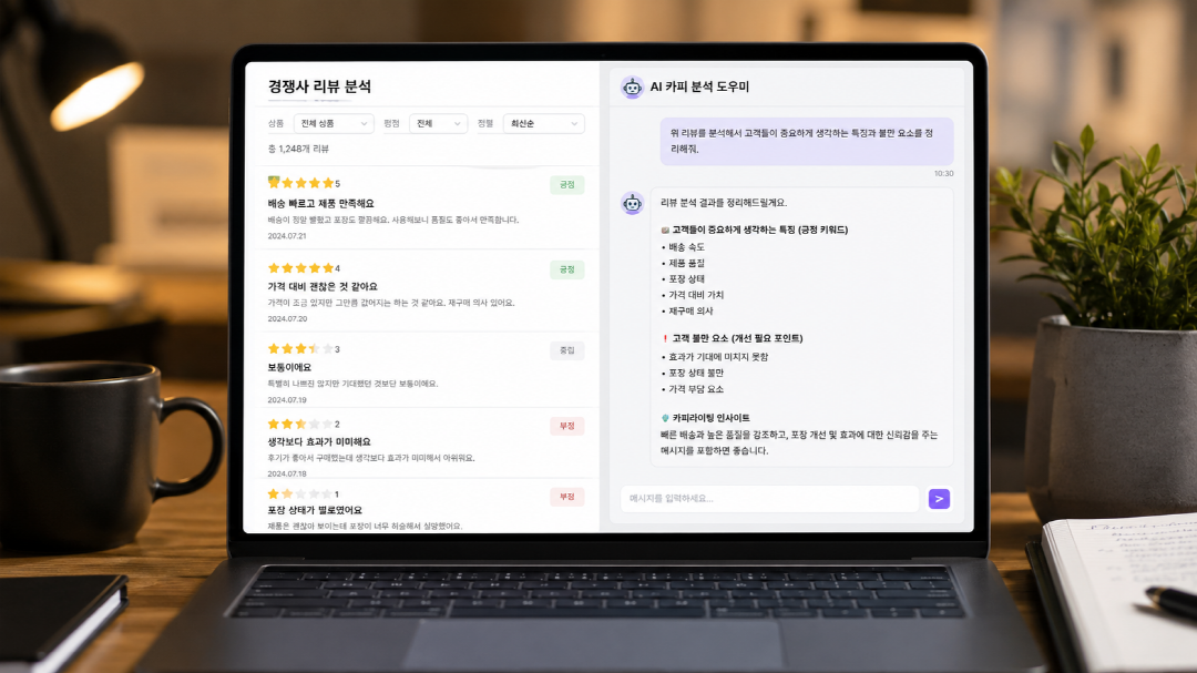 AI 상세페이지 카피 작성을 위해 경쟁사 리뷰를 분석하는 화면