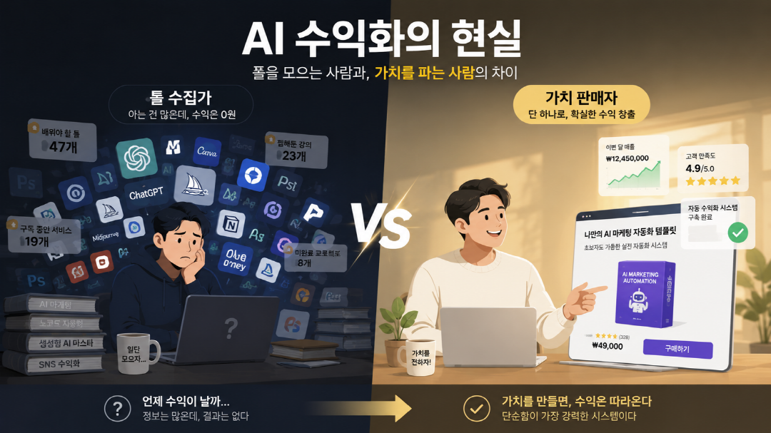AI 수익화 현실을 상징하는 툴 수집가와 판매자 비교 일러스트