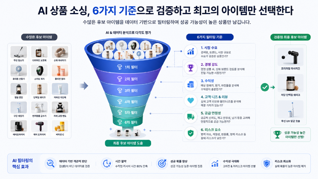 AI 상품 소싱에서 6가지 기준으로 후보 아이템을 거르는 필터링 개념 일러스트