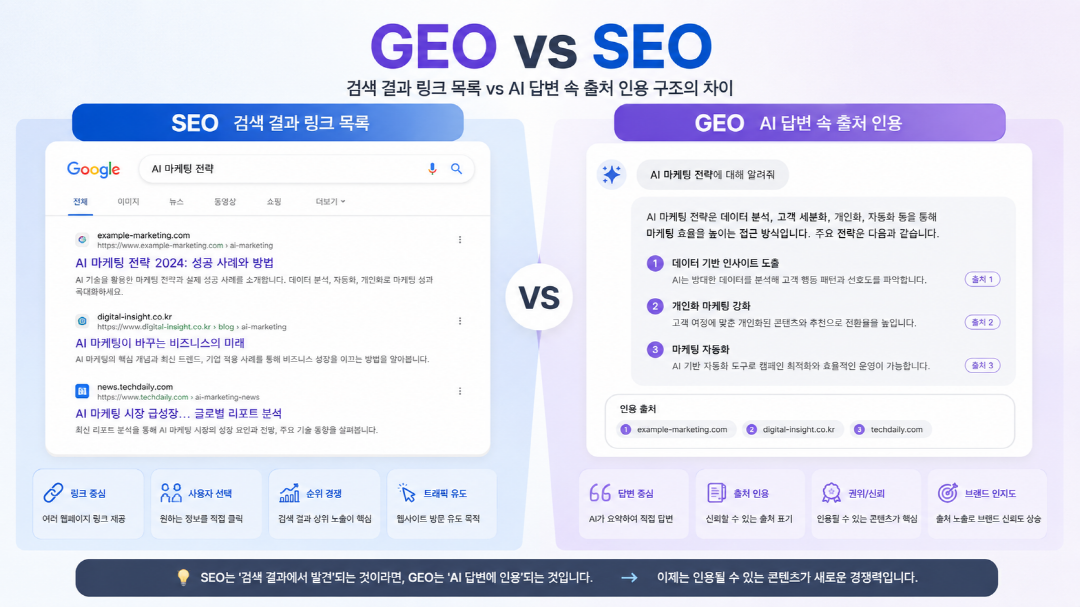 GEO와 SEO 차이를 나타내는 검색 결과와 AI 답변 인용 구조 비교 일러스트