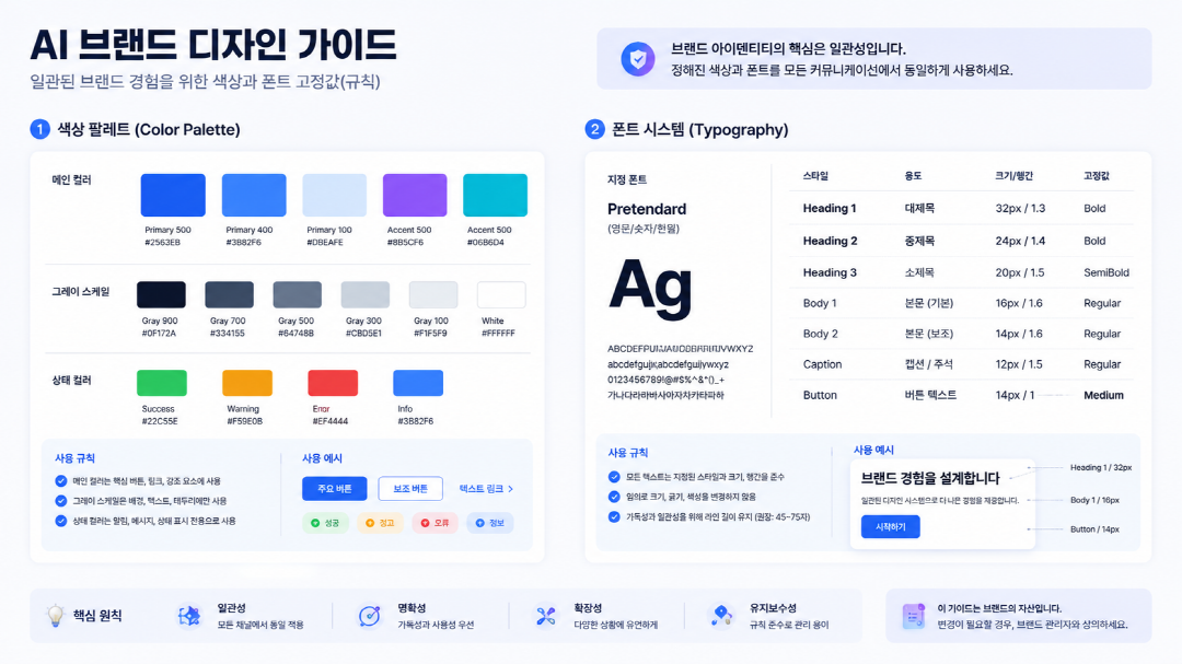 AI 브랜드 디자인 가이드의 색상 팔레트와 폰트 고정값 개념도
