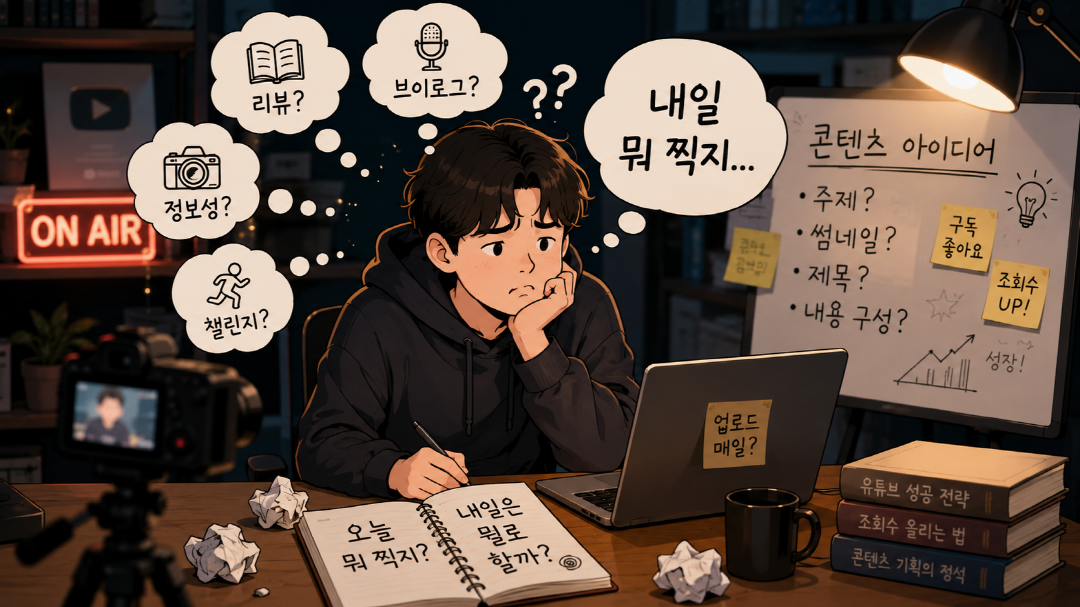 AI 콘텐츠 기획 없이 매일 주제를 고민하는 크리에이터 일러스트