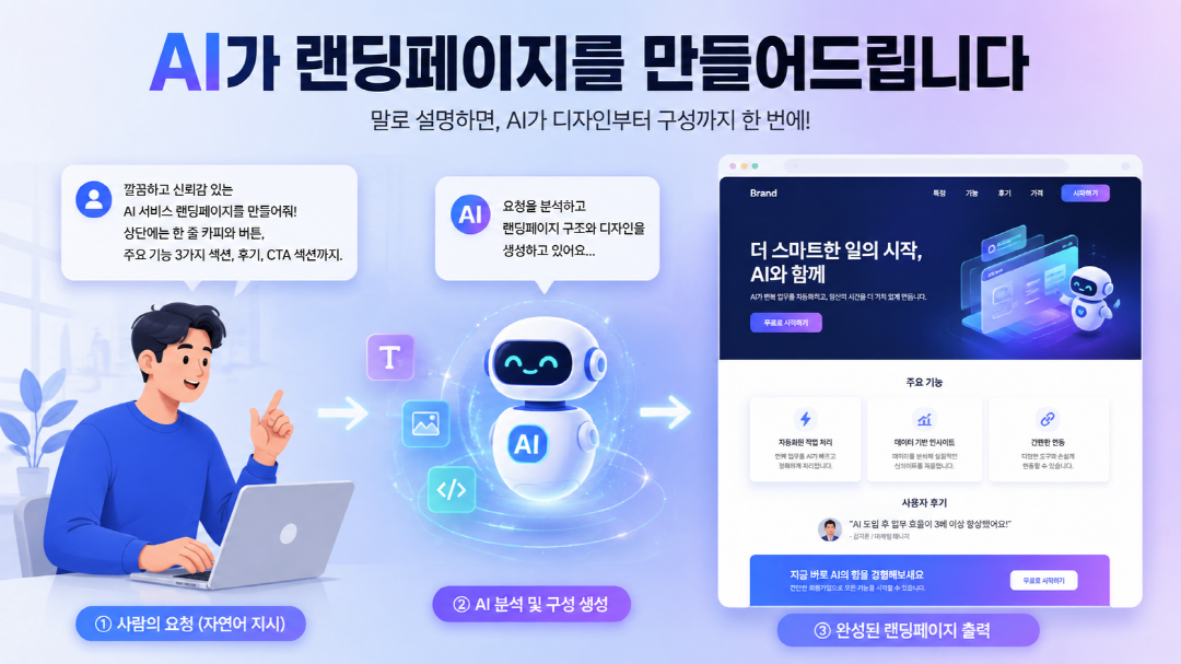 AI 랜딩페이지 제작 과정을 표현한 대화형 워크플로 일러스트