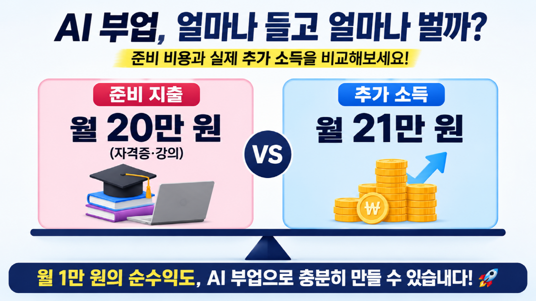 AI 부업 준비 비용과 실제 추가 소득을 비교한 도식