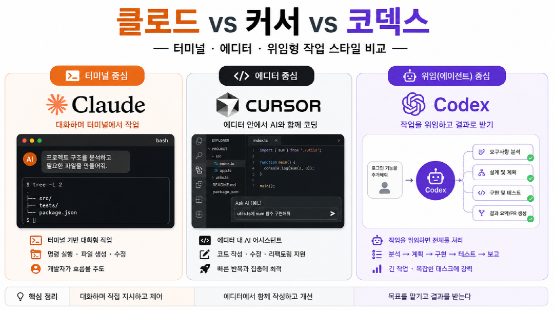 클로드코드 커서 코덱스 비교 개념도 — 터미널 에디터 위임형 작업 스타일