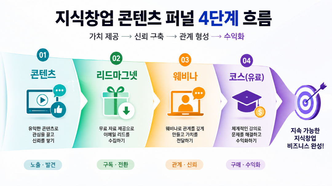 지식창업 콘텐츠 퍼널 4단계 흐름을 나타낸 도식