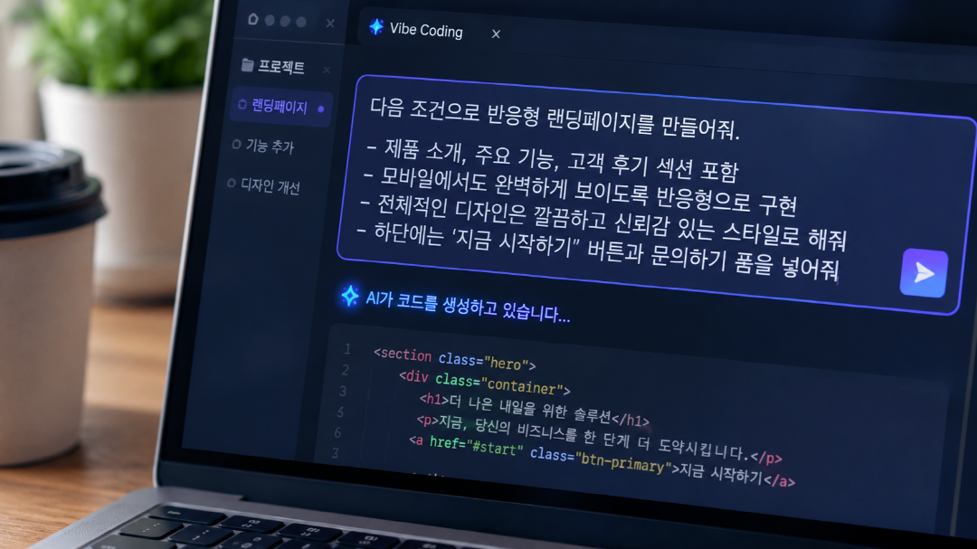 바이브코딩으로 자연어 지시를 입력하는 노트북 화면