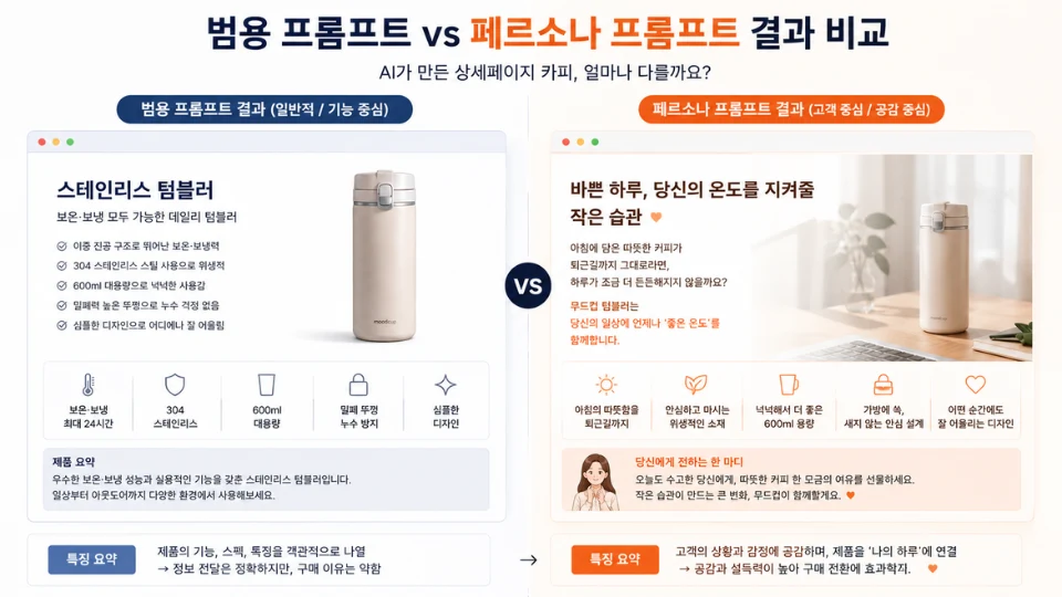 범용 프롬프트와 페르소나 프롬프트로 작성한 AI 상세페이지 카피 비교
