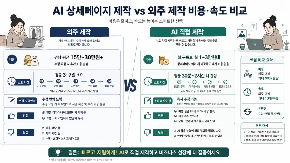 AI 상세페이지 제작과 외주 제작 비용·속도 비교 이미지
