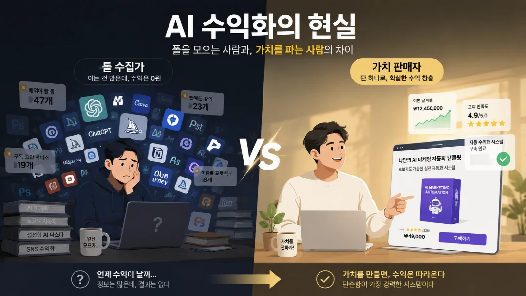 AI 수익화 현실을 상징하는 툴 수집가와 판매자 비교 일러스트
