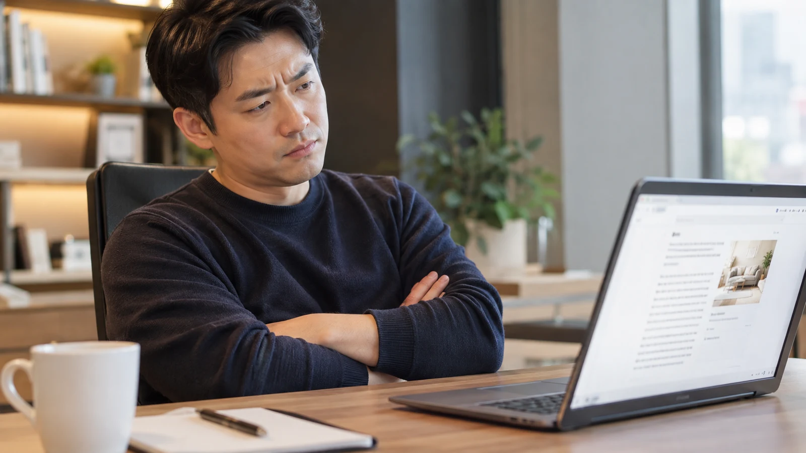 AI 결과물 그대로 사용해도 될지 의심스러운 표정으로 노트북 화면을 바라보는 실무자