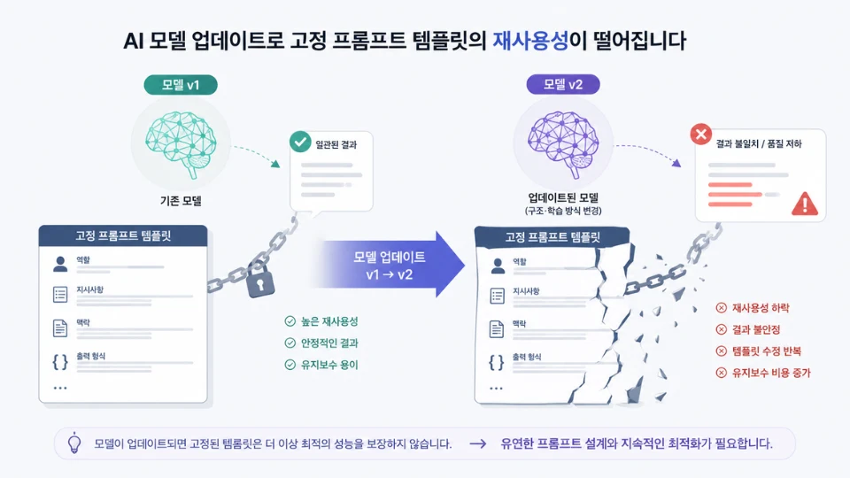 AI 모델 업데이트로 고정 프롬프트 템플릿의 재사용성이 떨어지는 개념도