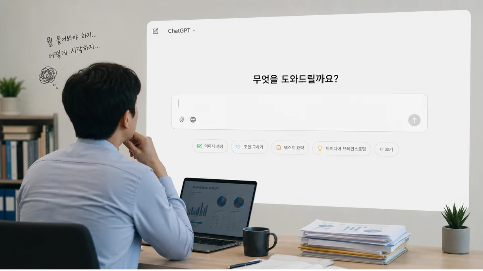 빈 챗GPT프롬프트 입력창 앞에서 고민하는 비전공자 실무자