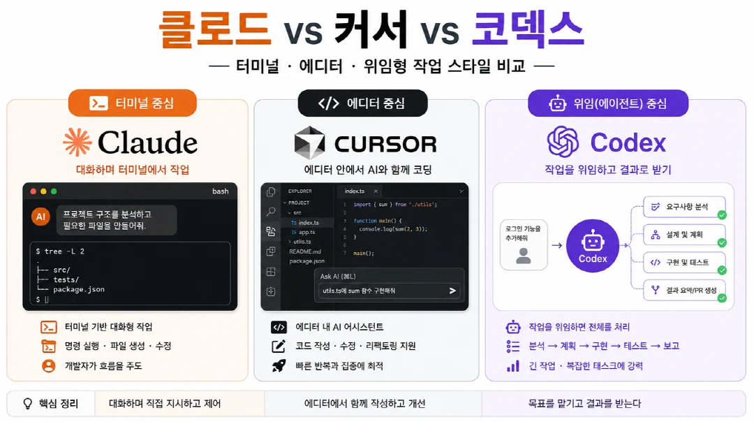 클로드코드 커서 코덱스 비교 개념도 — 터미널 에디터 위임형 작업 스타일