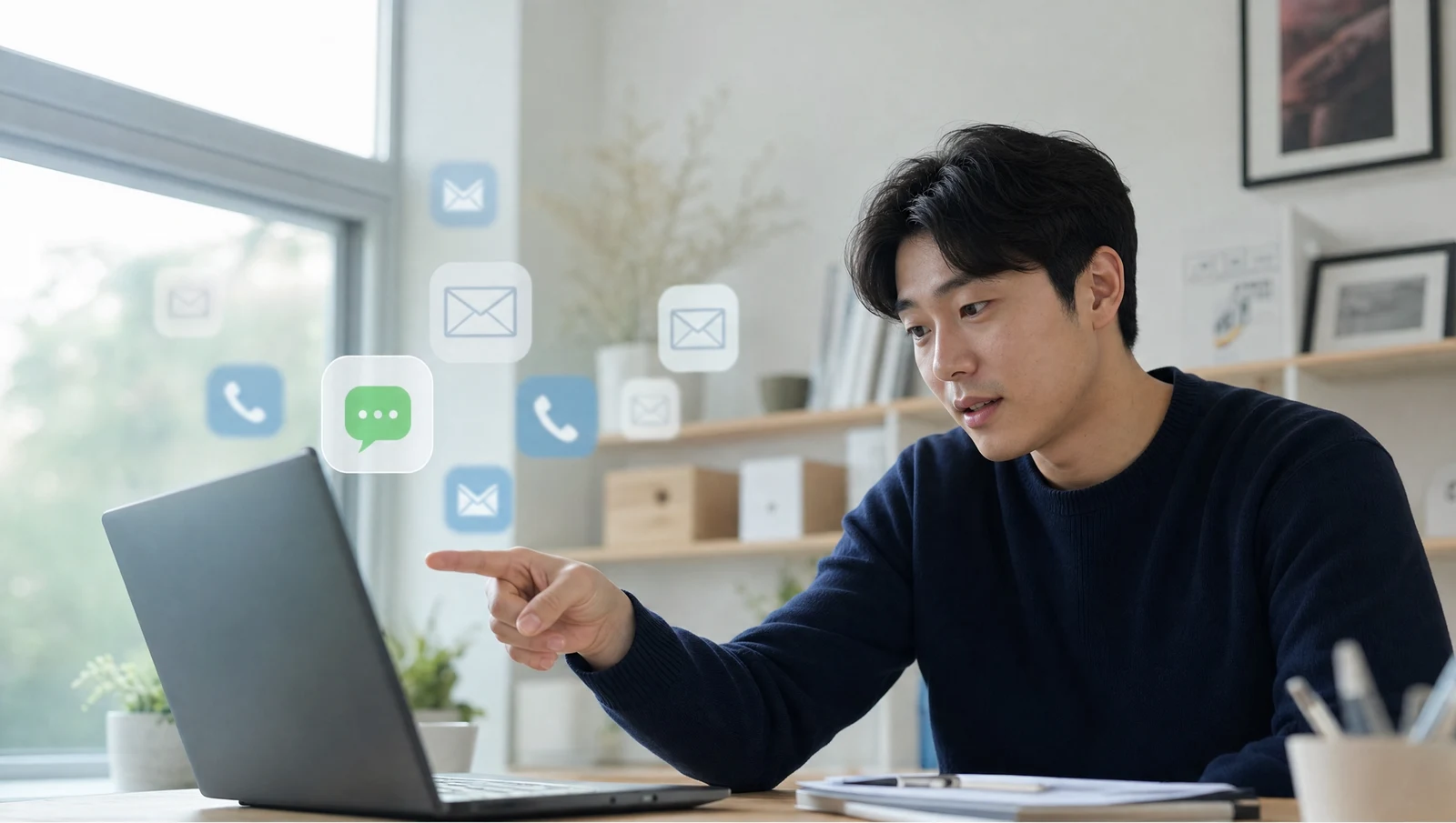 노트북 화면에 흩어진 문자·카톡·이메일 알림 아이콘 중 하나를 짚는 1인 사업자의 모습