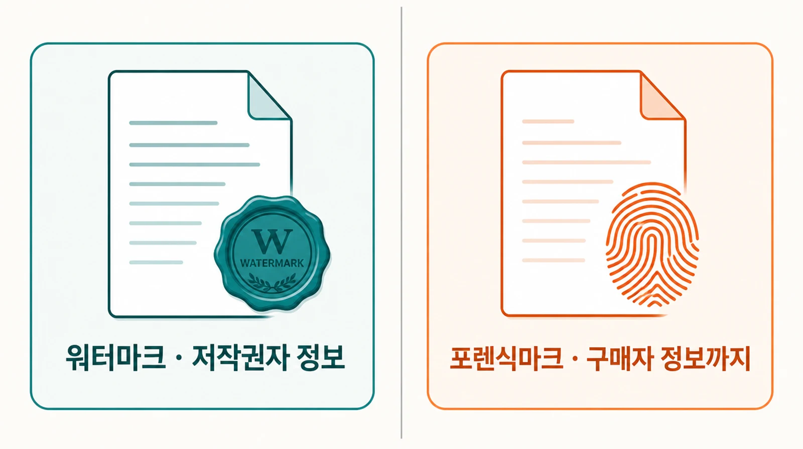 DRM 기술 중 워터마크는 저작권자 정보를, 포렌식마크는 구매자 정보까지 담는다는 차이를 비교하는 다이어그램