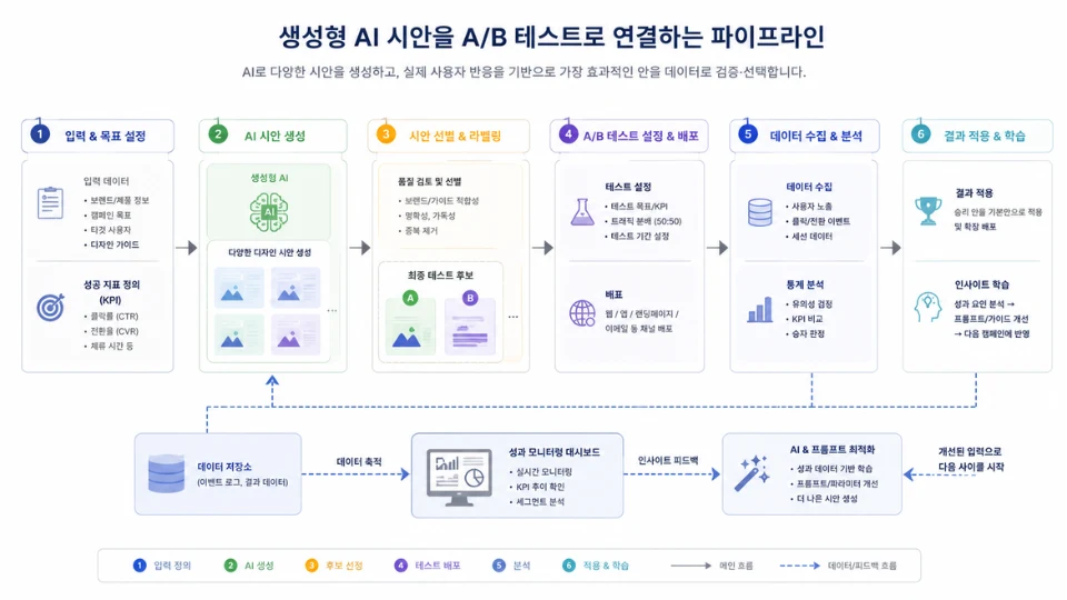 생성형 AI 시안을 A/B 테스트로 연결하는 파이프라인 도식