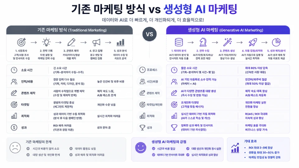 기존 마케팅 방식과 생성형 AI 마케팅 비교 인포그래픽