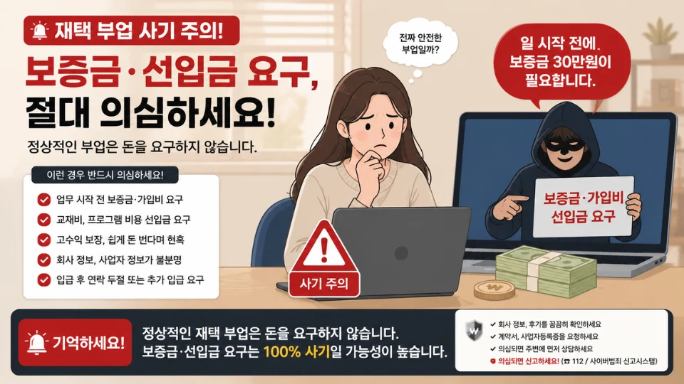 보증금을 요구하는 재택 부업 사기 주의 이미지