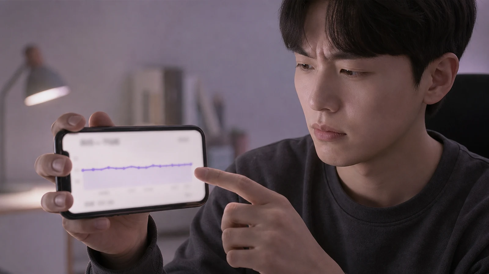 스마트폰으로 오르내림 없는 팔로워 수 그래프를 들여다보며 고민하는 사람의 모습