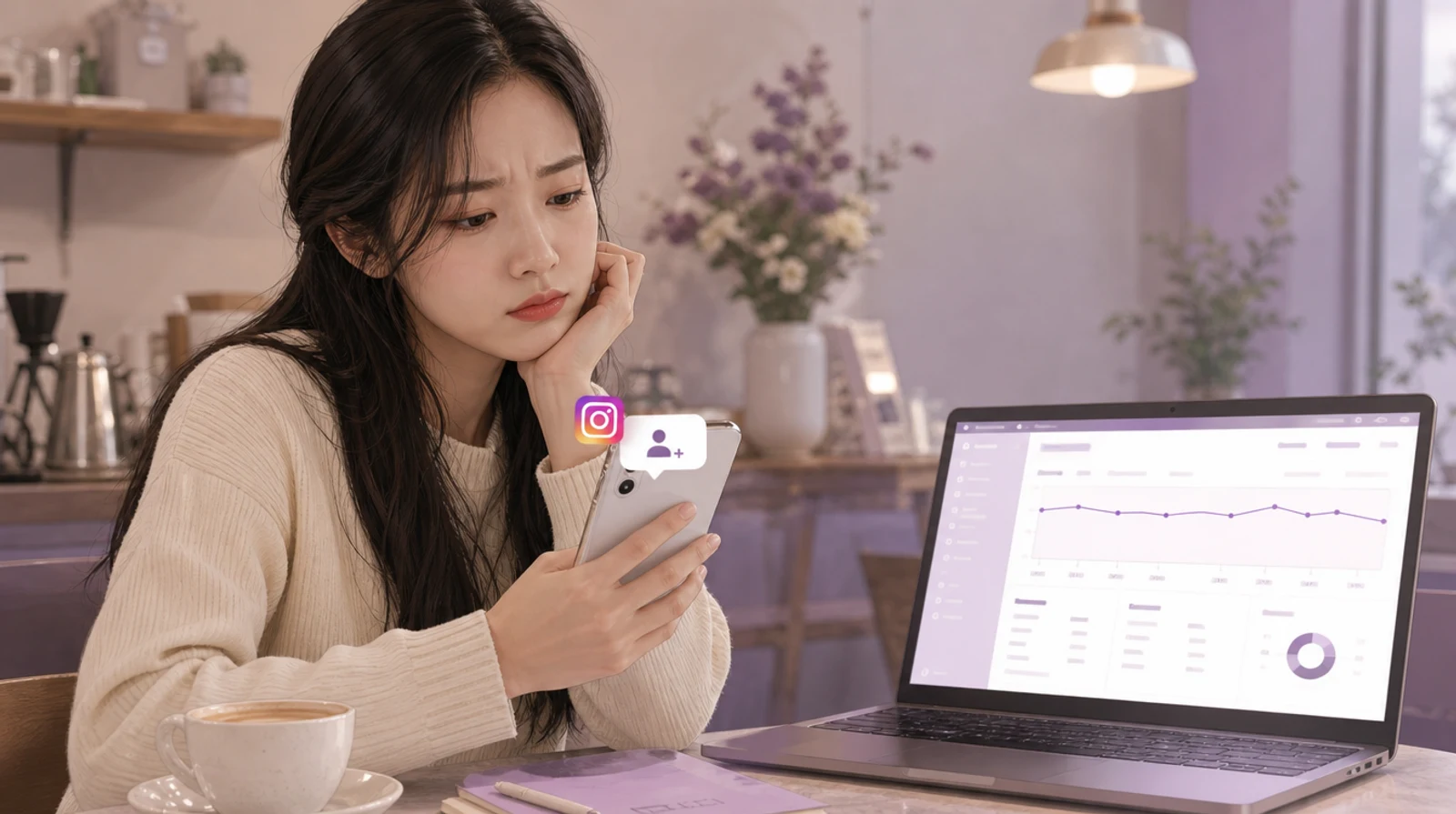 팔로워 알림은 떴지만 매출 그래프는 평평한 화면을 보며 갸우뚱하는 인물의 모습
