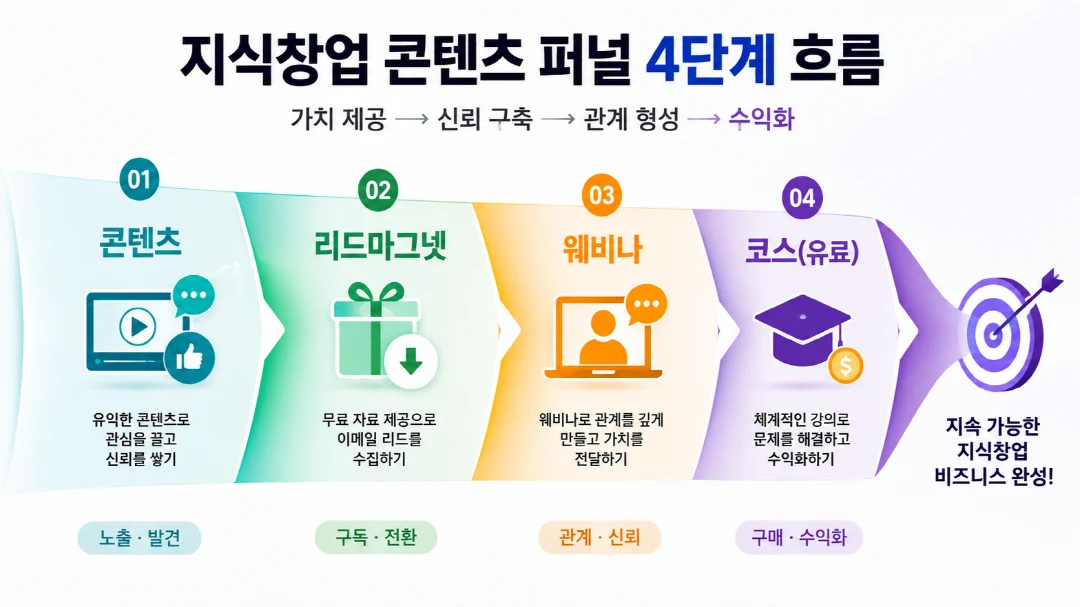 지식창업 콘텐츠 퍼널 4단계 흐름을 나타낸 도식