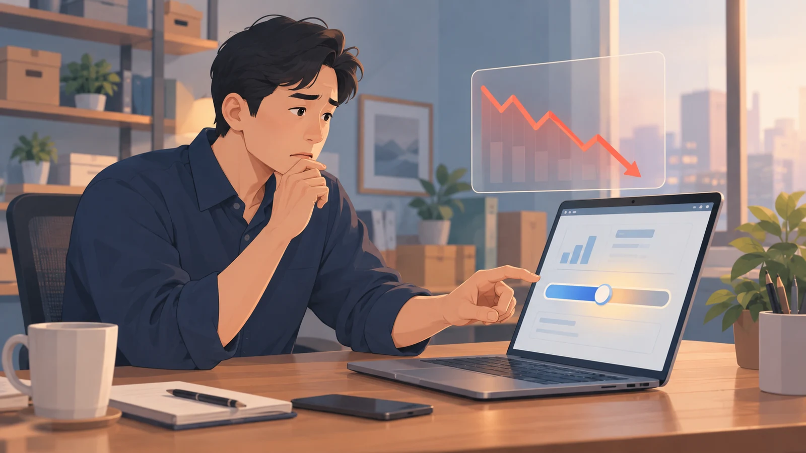 메타 광고 CTR이 떨어진 상태에서 예산 슬라이더 앞에서 망설이는 사업자 일러스트