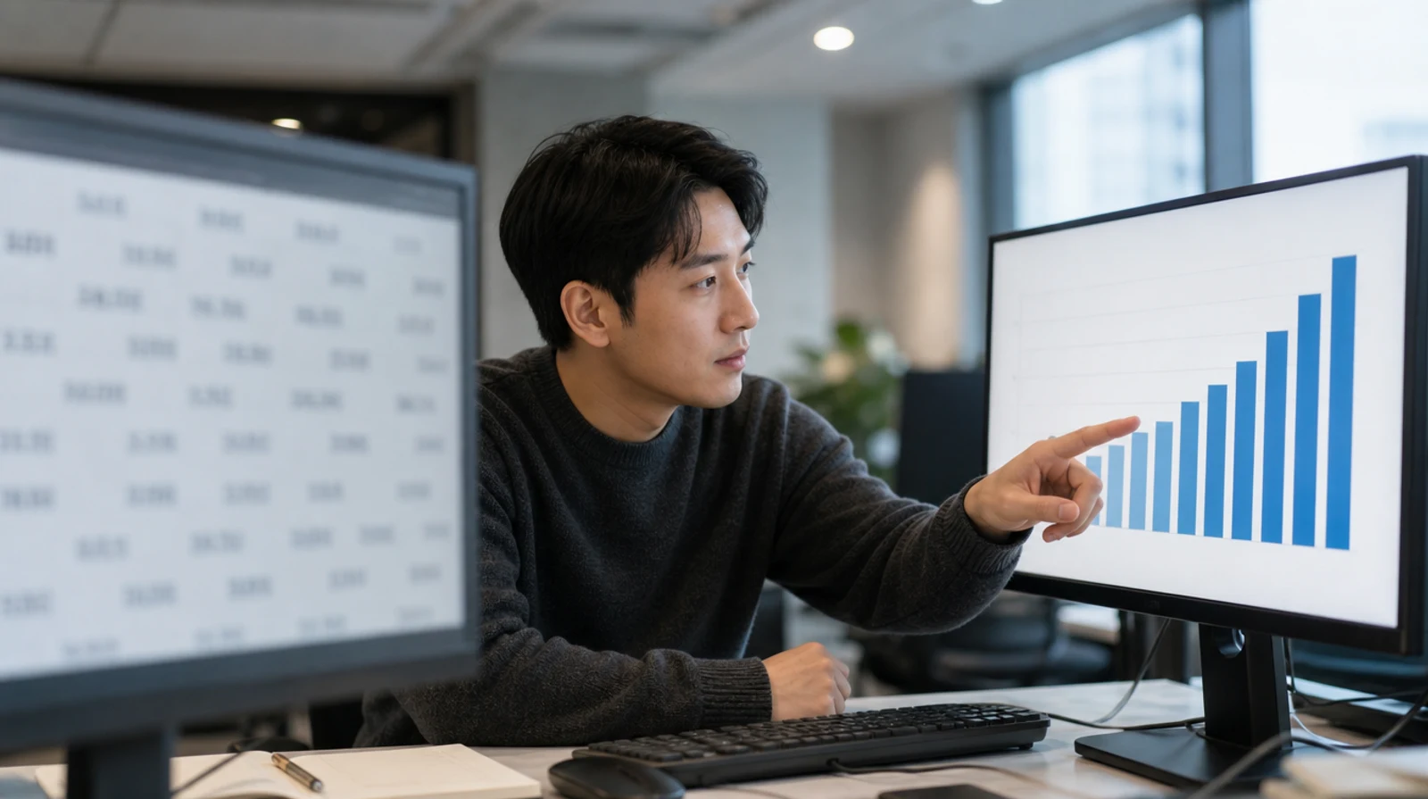 흐릿한 노출수 화면과 선명한 전환 결과 그래프 사이에 앉아 오른쪽 화면을 가리키는 마케터의 모습