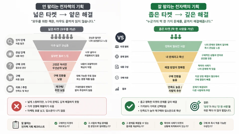 안 팔리는 전자책과 잘 팔리는 전자책의 기획 차이 비교 인포그래픽