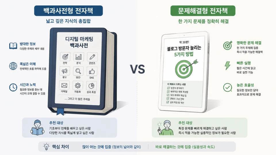 백과사전형 전자책과 문제해결형 전자책을 비교하는 개념 일러스트