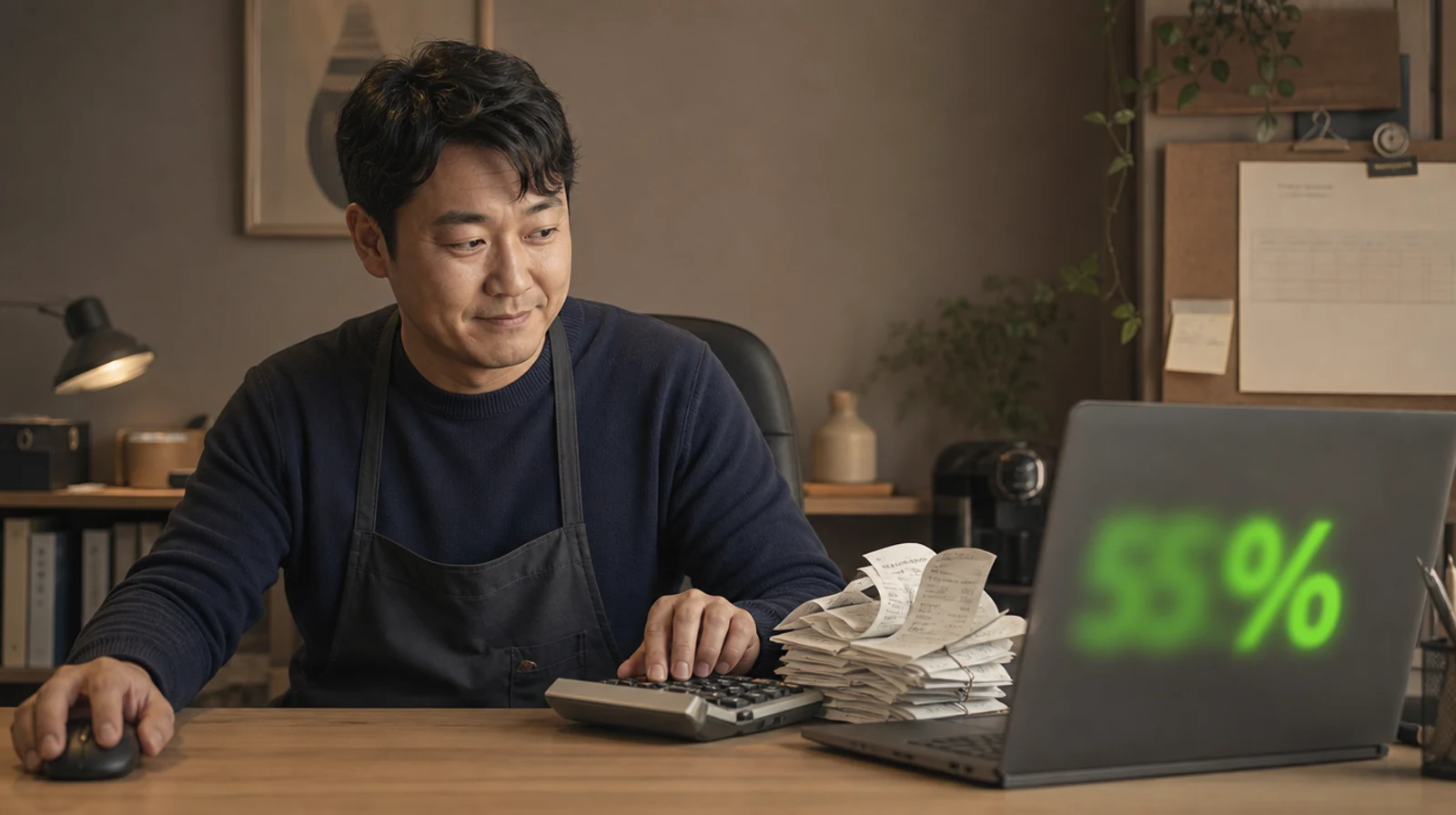 노트북 화면 속 큰 녹색 숫자를 보며 미소짓다가 계산기와 영수증을 보고 표정이 굳어지는 소상공인 사장님